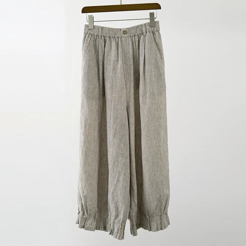 舒适新面料文艺气质色织亚麻条纹灯笼裤休闲裤百搭透气九分夏