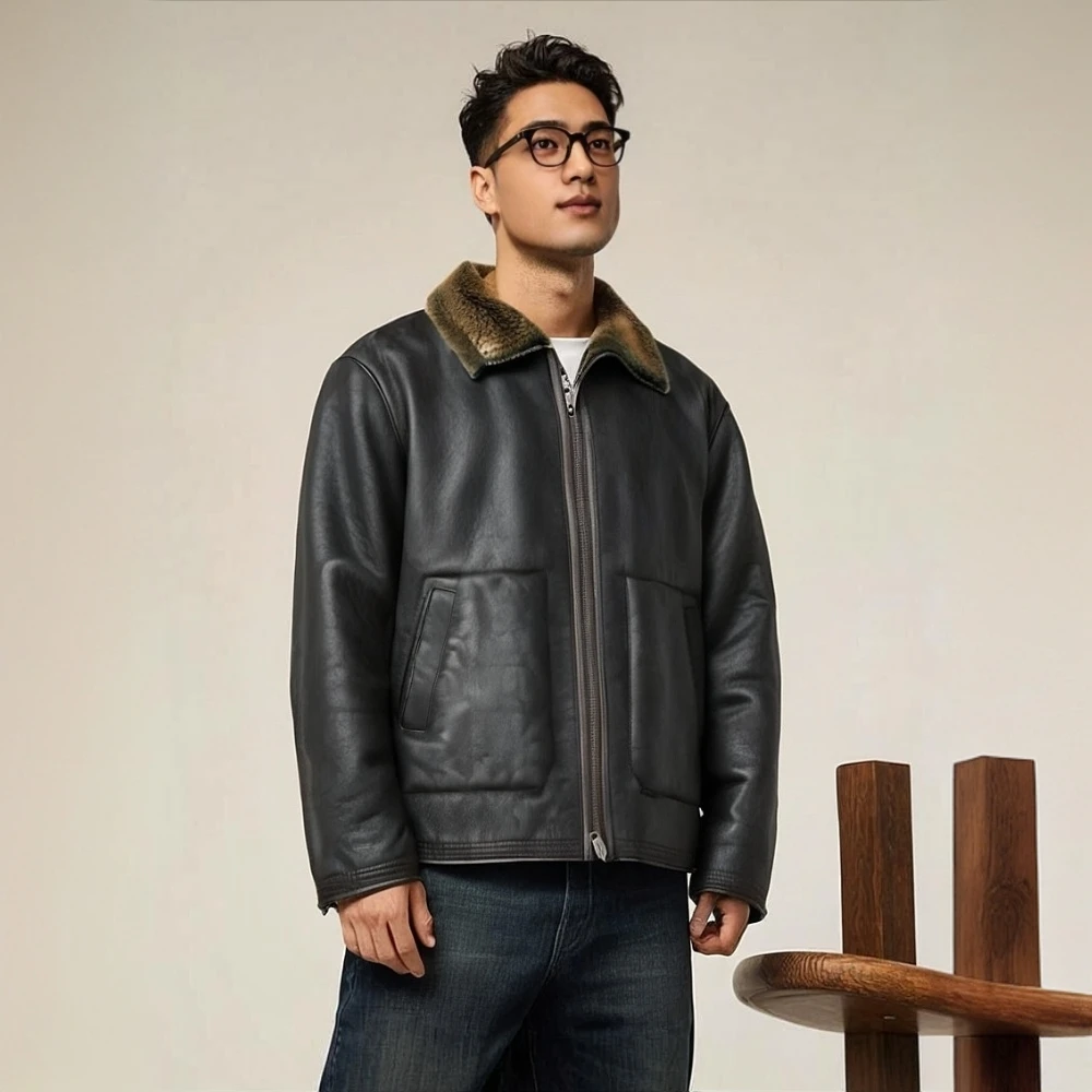 【畅销爆款】美利奴羔羊皮毛一体醇植浆染水洗做旧浆果色立翻领皮衣