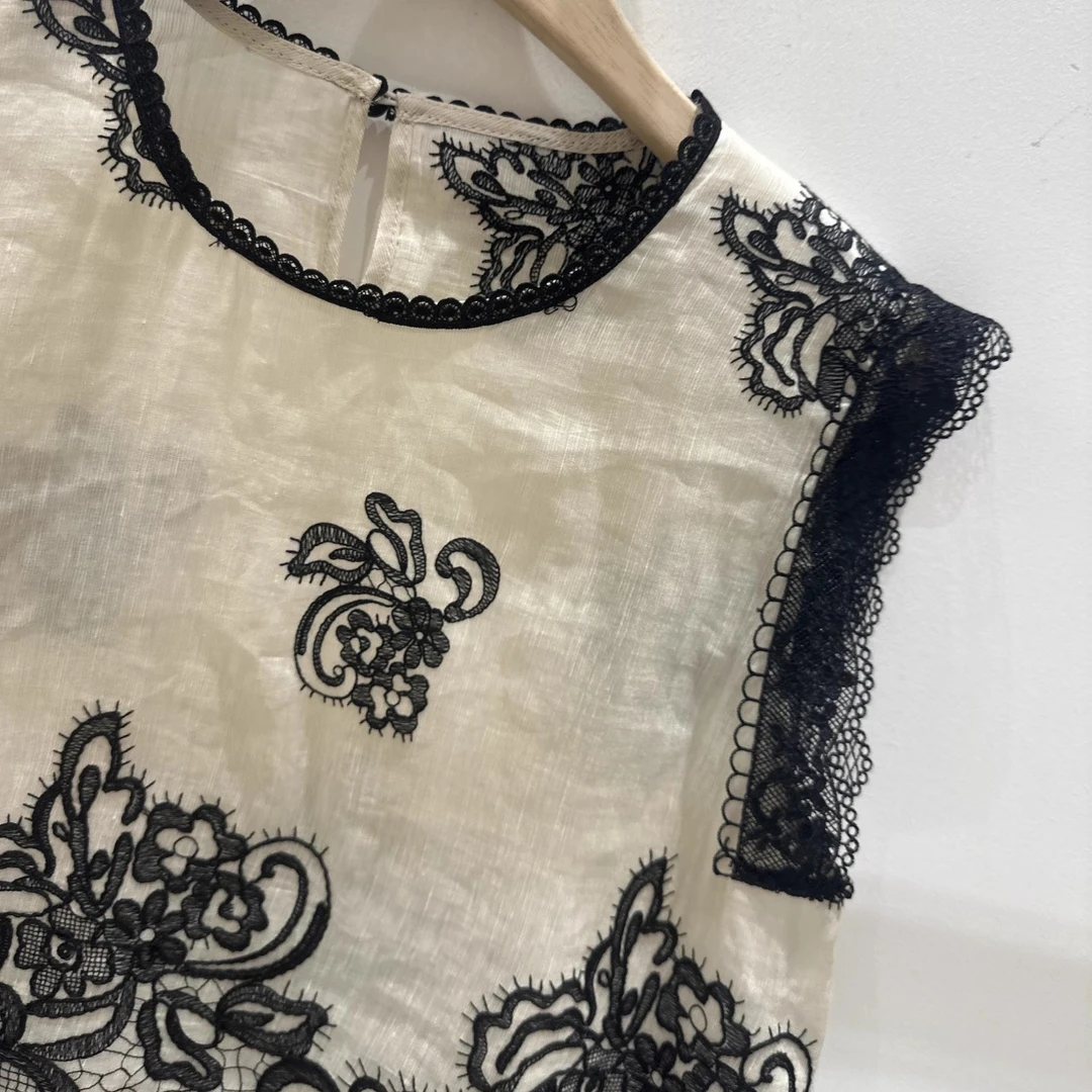 欧货印花刺绣人丝背心上衣女2025夏季新款高级感气质洋气无袖衬衫