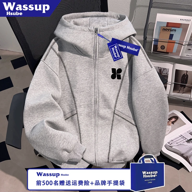 WASSUP HSUBE图案印花拉链连帽开衫男女款成品上衣卫衣秋冬季外套