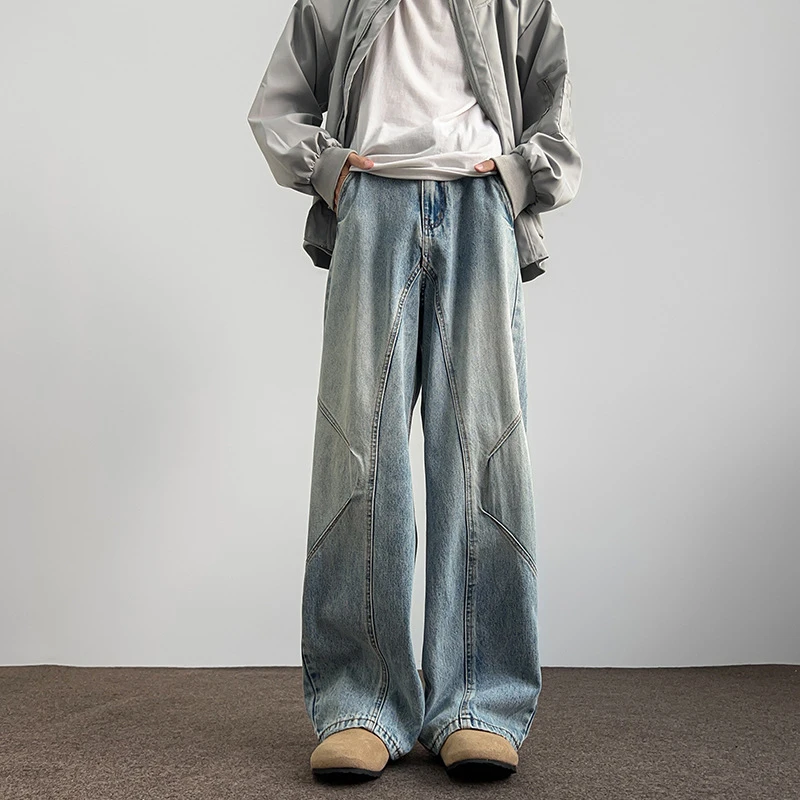 设计感解构工装牛仔裤男秋季潮牌美式高街宽男士170胖子男生裤子