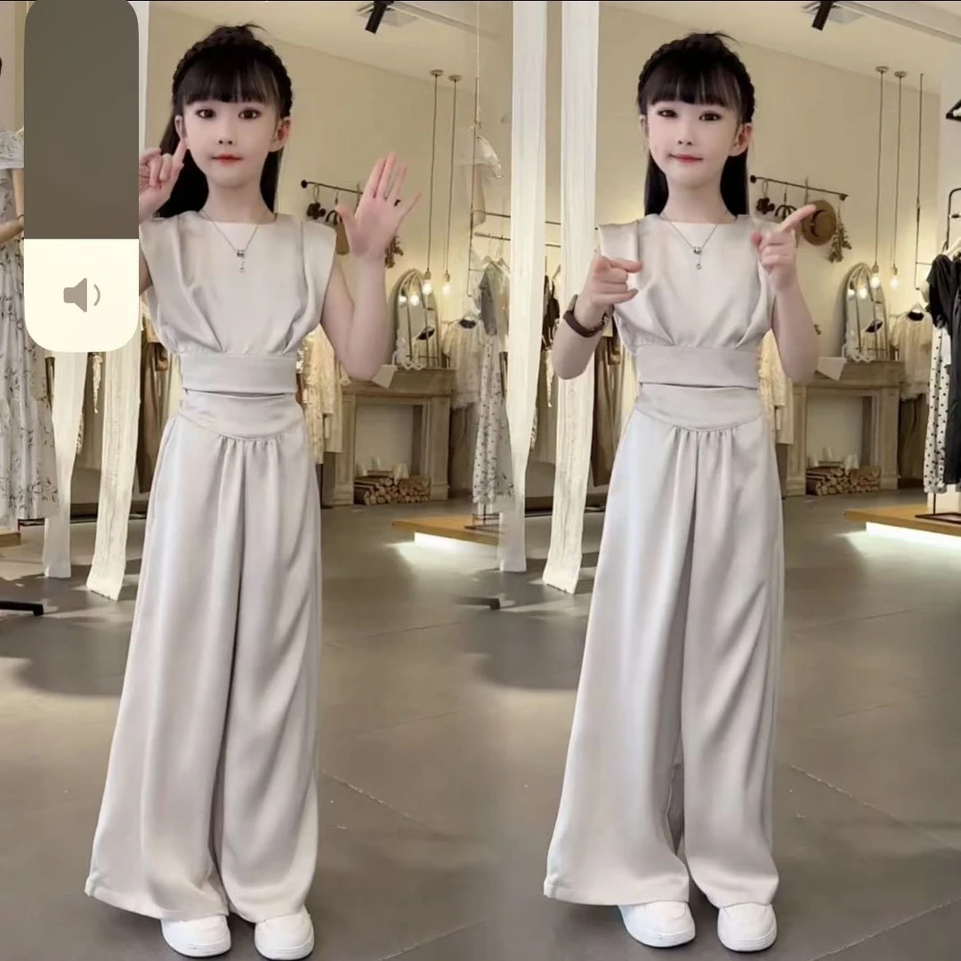 女童夏季缎面背心阔腿裤套装中大童法式气质绑带洋气设计两件套潮