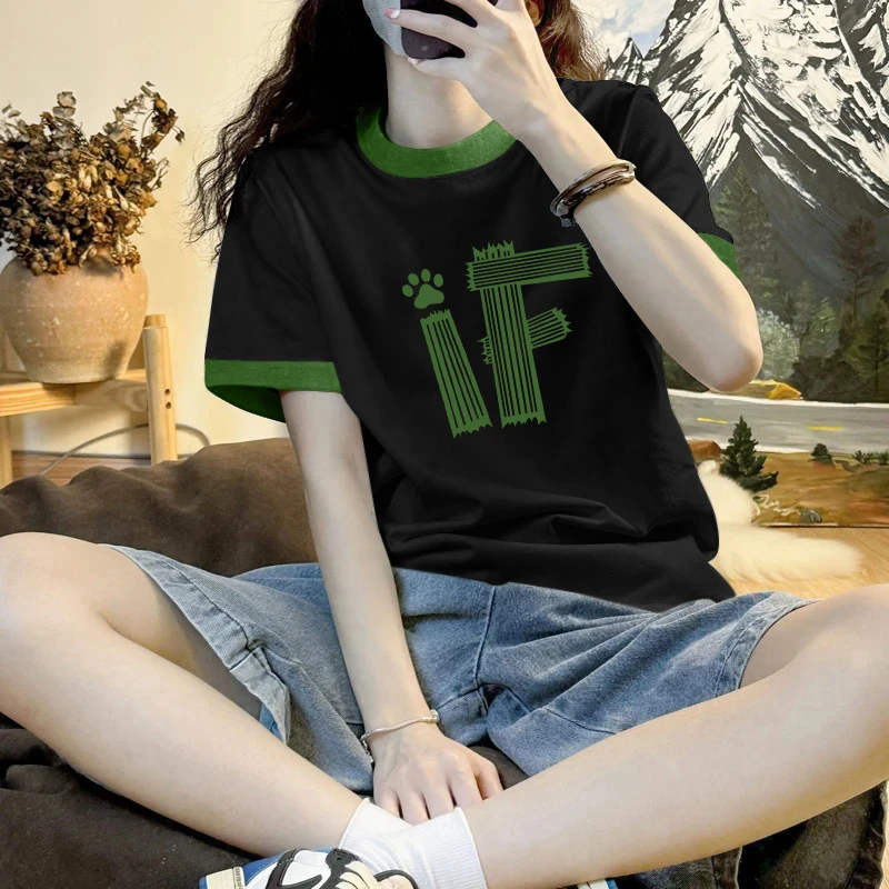 2025夏季潮流撞色正肩短袖t恤女装小众高级设计感时尚洋气上衣潮