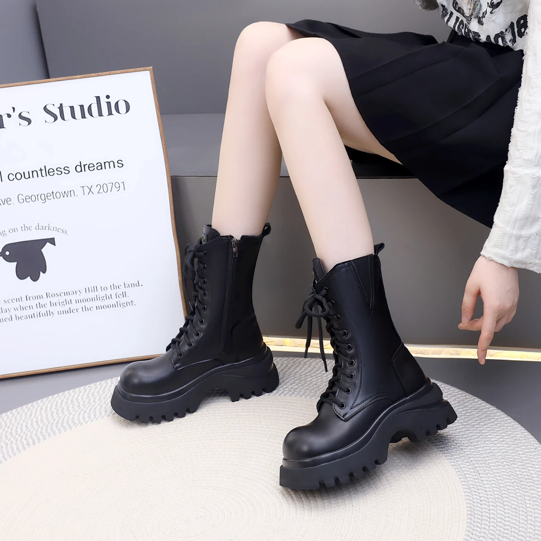 厚底真皮马丁靴女2025新款秋冬季加绒棉靴小个子增高软底轻便靴子