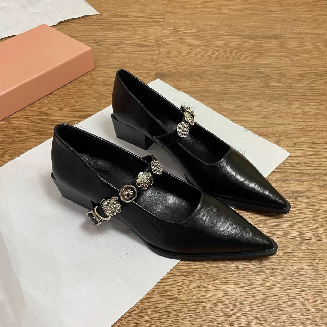 2025年春季新款法式小众设计一字带粗跟尖头玛丽珍气质单鞋鞋子