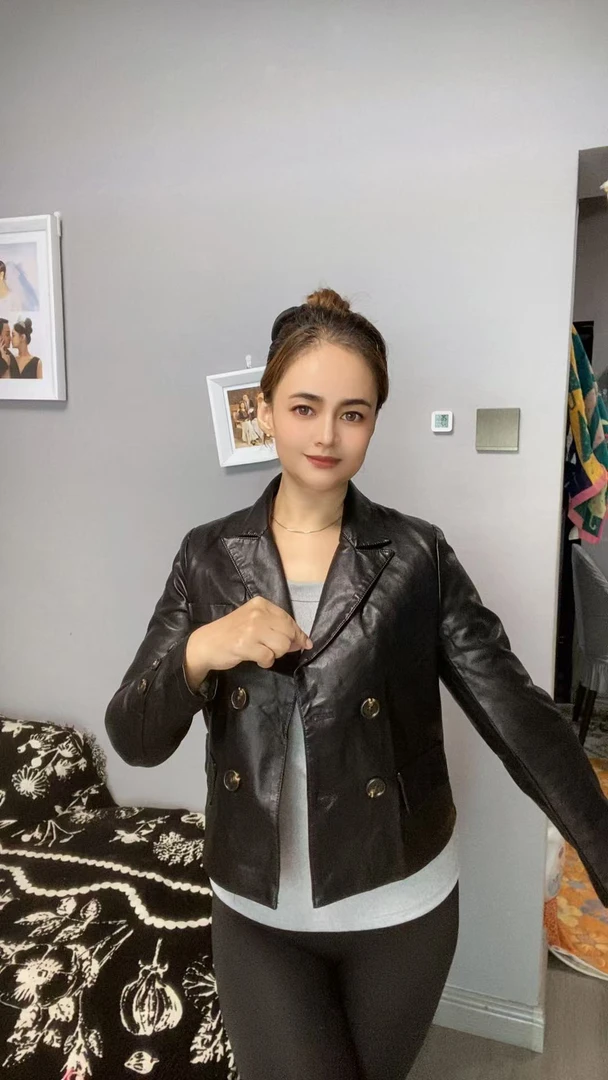 修身型西装领宽松型复古港风皮衣休闲春季套装