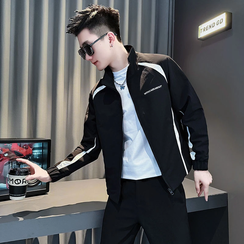 外套男款春秋季爆款2025新款高级感潮牌痞帅撞色拼接立领短款夹克