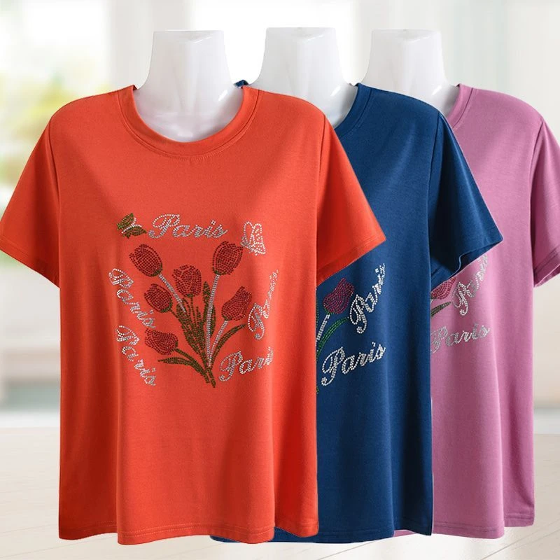 中年妈妈短袖棉t恤女夏季大码显瘦时尚女装中老年烫钻半袖体恤衫