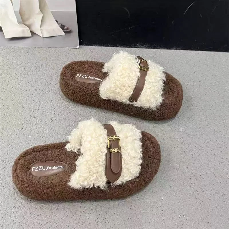 T8503毛绒设计感毛毛拖鞋女外穿2025新款冬厚底增高皮带扣棉拖鞋