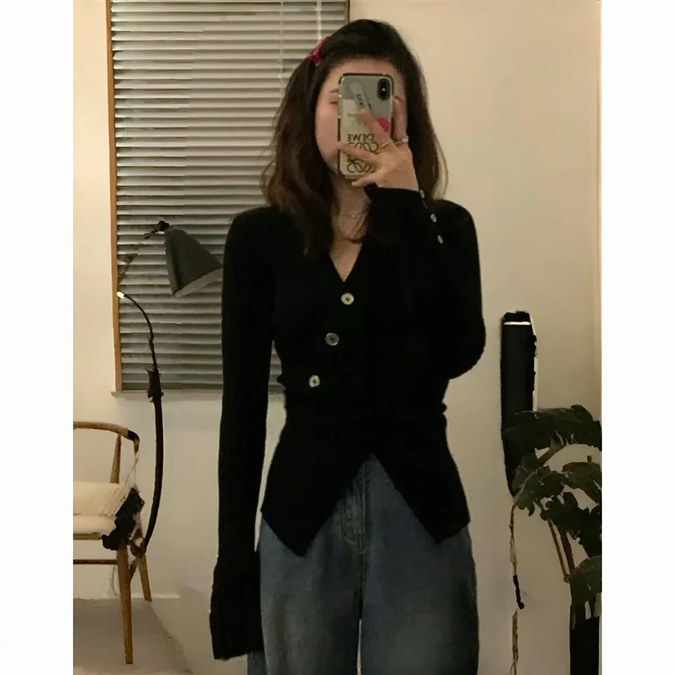 交叉收腰修身套头针织长袖内搭上衣女优质厚实纯欲又显瘦 V领毛衣