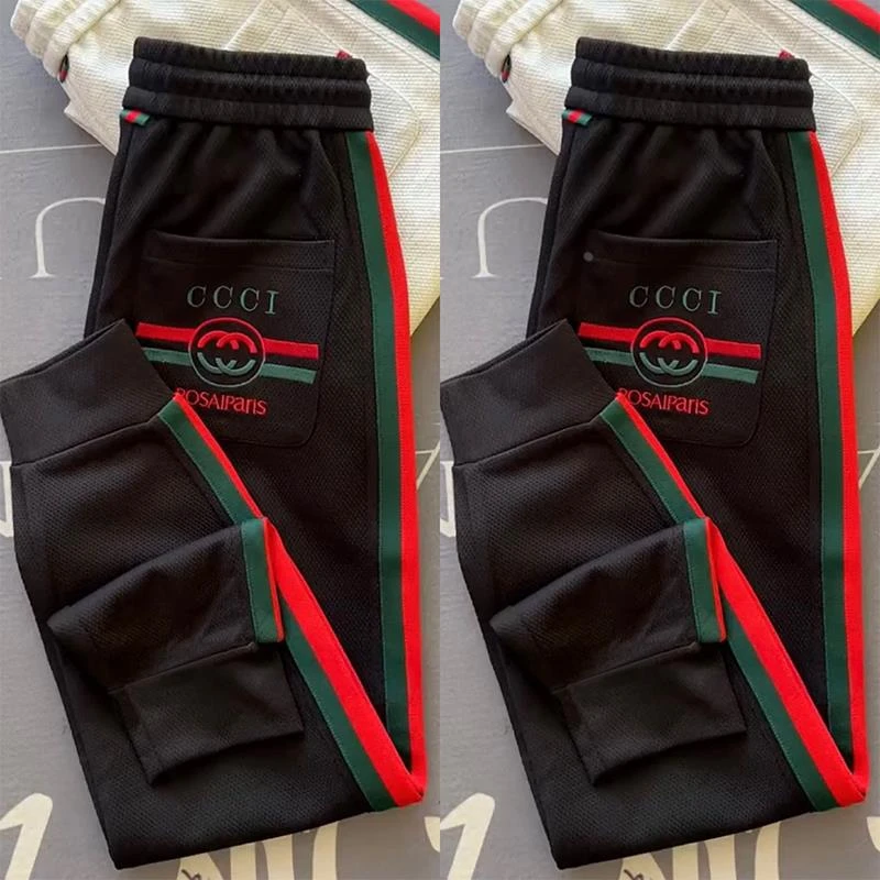 春秋新款潮牌字母拼色束脚卫裤男士潮流条纹字母休闲裤弹力运动裤