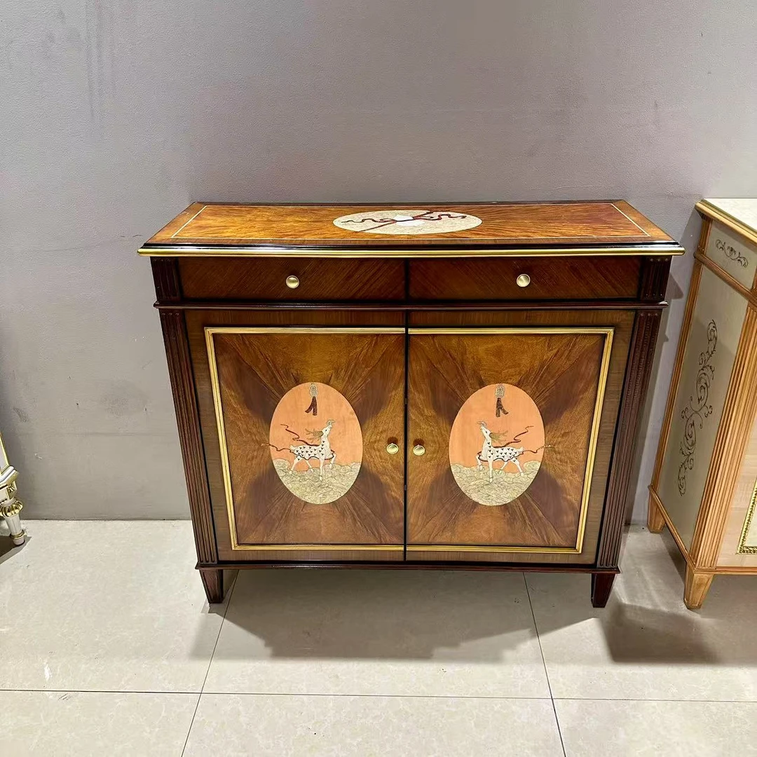 亚历山大实木鞋柜木皮拼花贝壳镶嵌福禄双门鞋柜