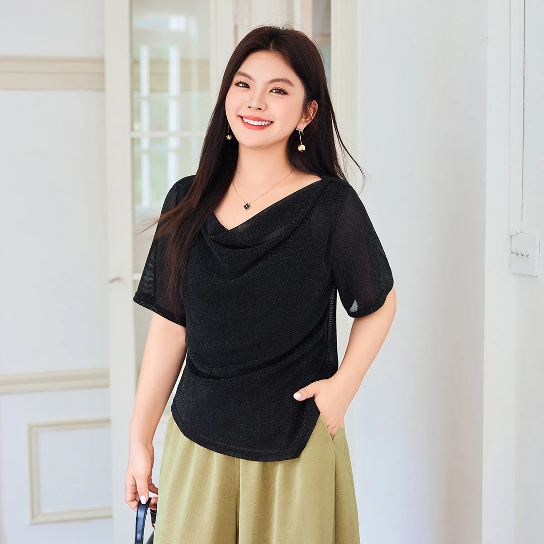 MsShe大码女装2025夏装气质亮丝晕染印花荡领不规则T恤B2505024