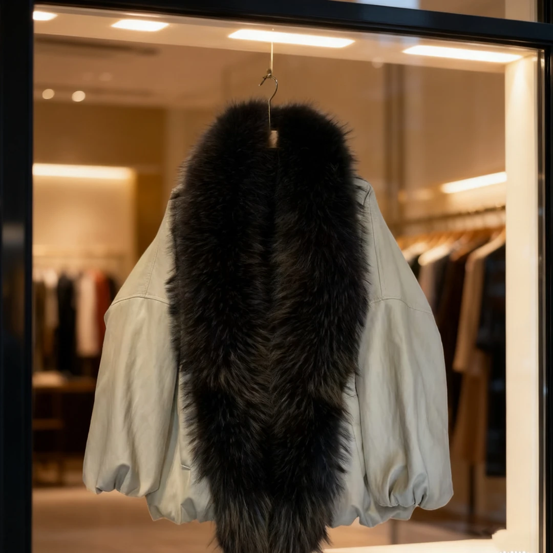 Bikamo/2025宽松型长袖休闲风厚款毛领拼接轻奢皮衣外套