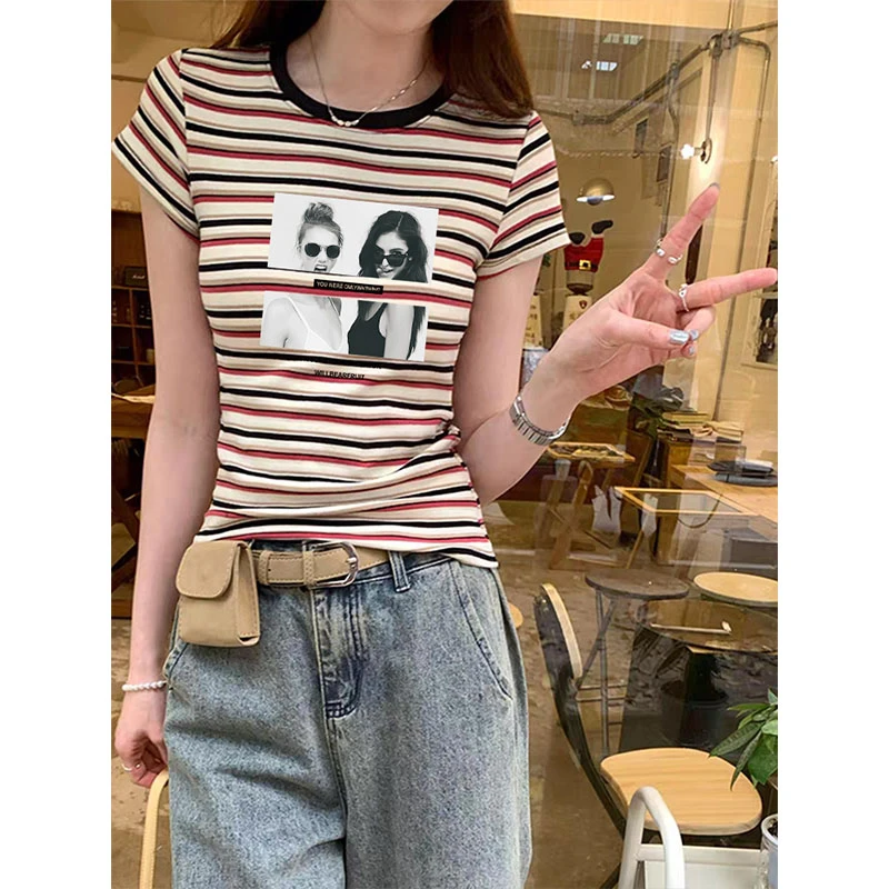 条纹领口拼色正肩圆领短袖t恤女装2025夏季潮牌上衣时尚洋气体恤