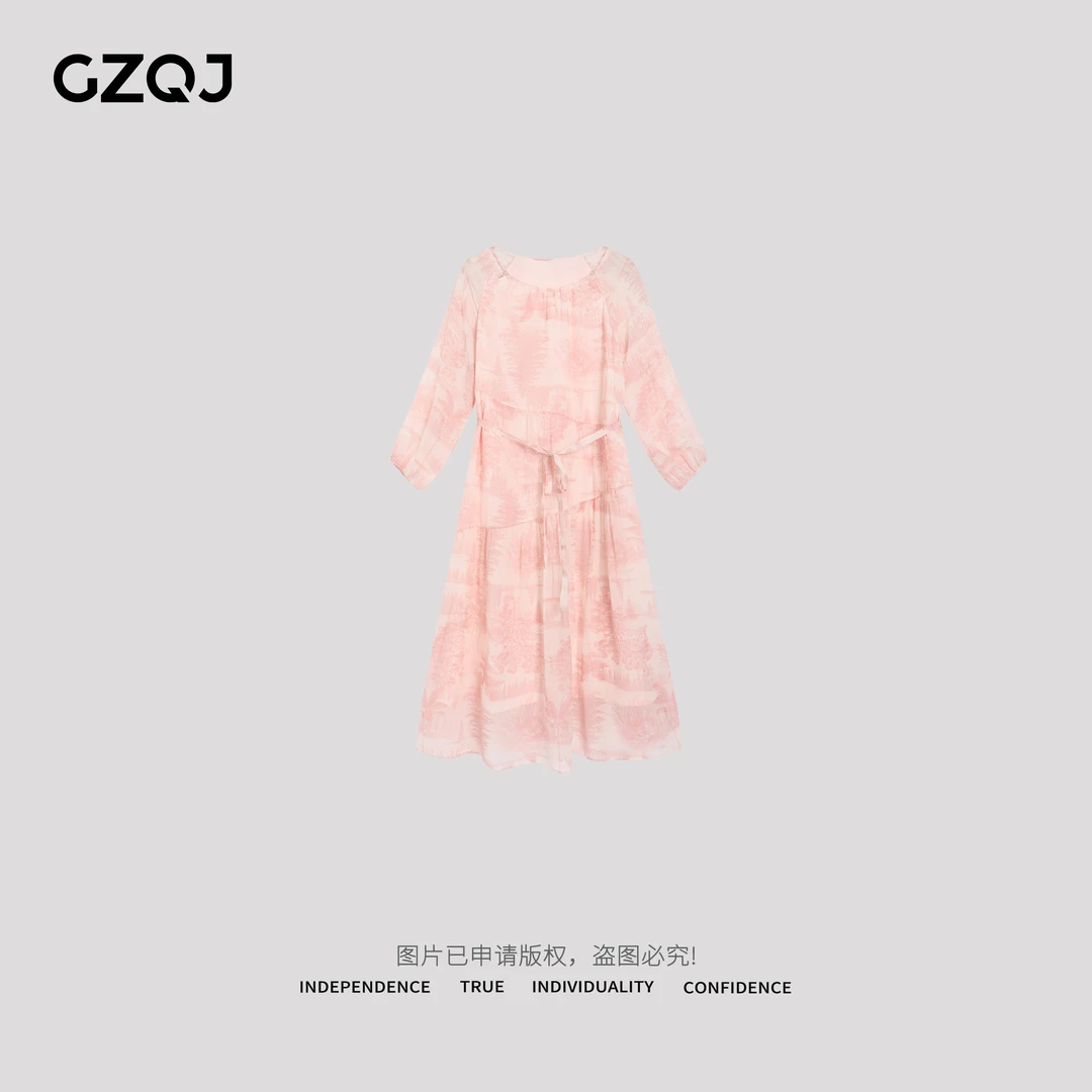 老琴私服【粉黛星云】100桑蚕丝欧若风圆领长袖花色连衣裙夏季6132