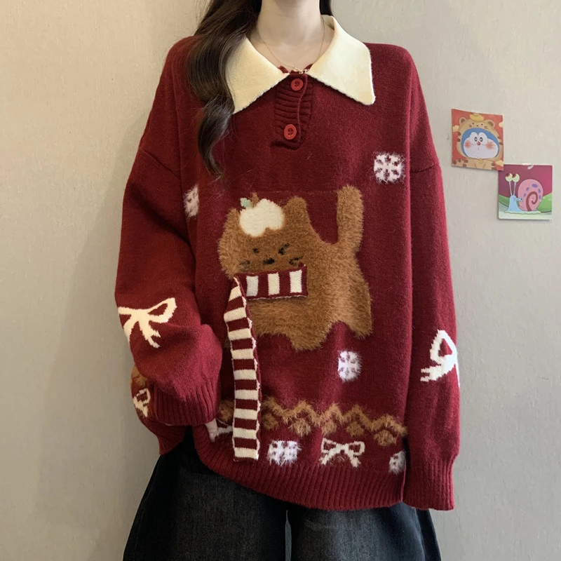 大码女装氛围感围巾小狗撞色polo领毛衣女胖MM遮肚软糯针织衫上衣