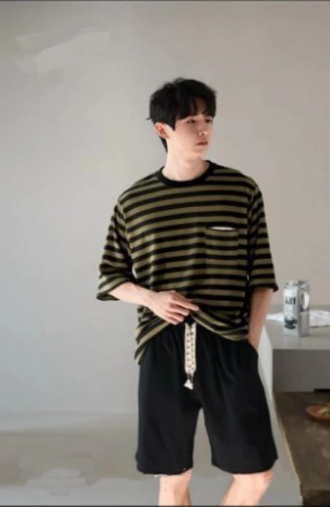 【BAI】条纹睡衣男夏款短袖短裤套装休闲家居服10170