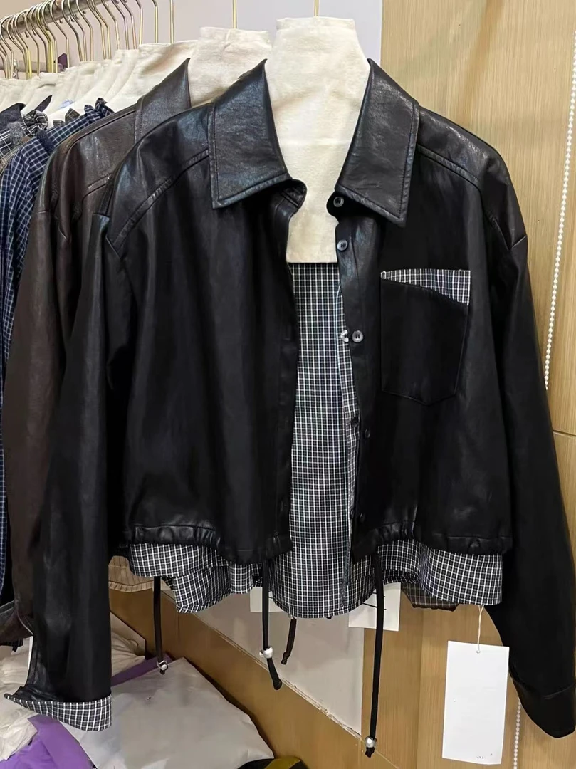 格子拼接假两件皮衣外套短款秋季新款显瘦夹克上衣+百褶皮裙套装
