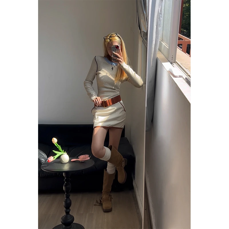 2025秋季新款韩系设计感撞色针织衫长袖内搭打底衫辣妹高腰半身裙