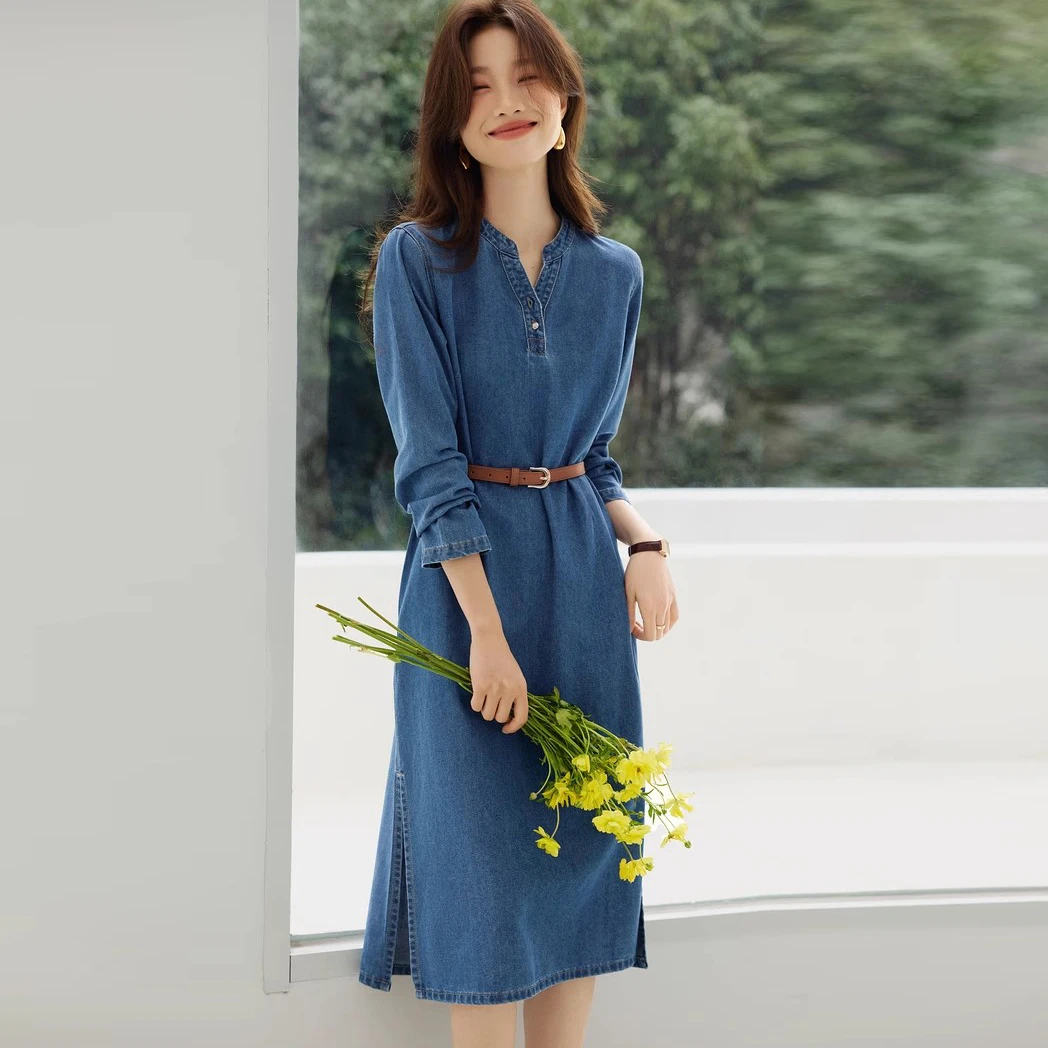 2.11早预告款春季新款简约高级感气质V领牛仔连衣裙子 NTS682153
