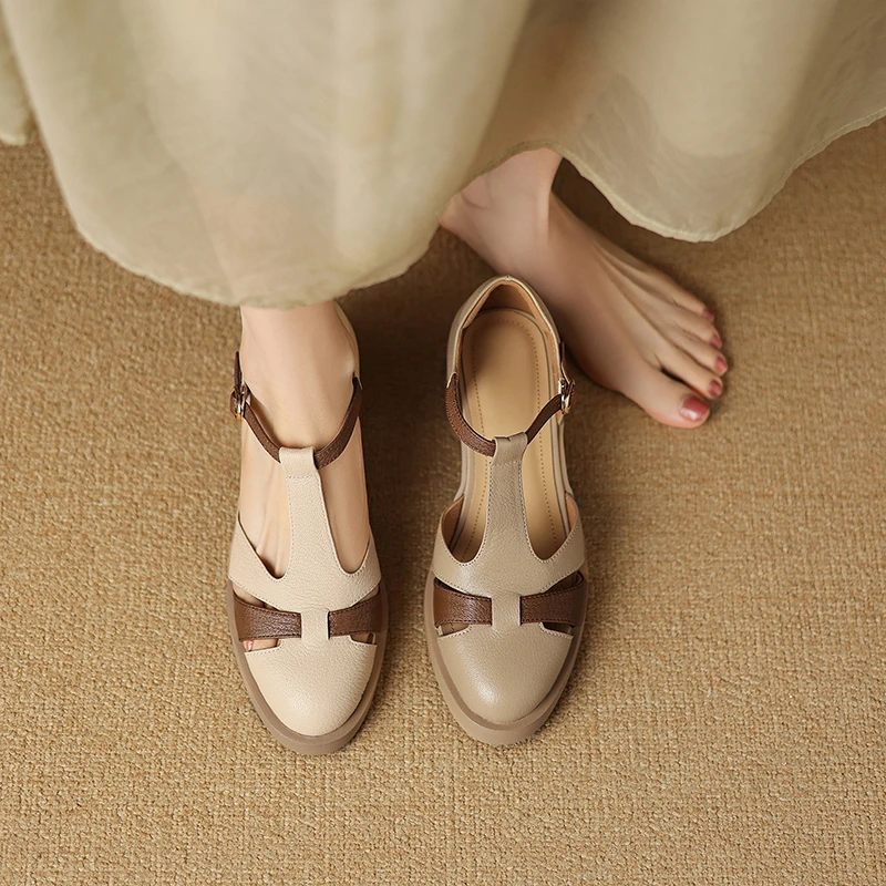 羊皮5.5公分/夏季新款法式包头高跟专用凉鞋百搭复古粗跟软底女鞋