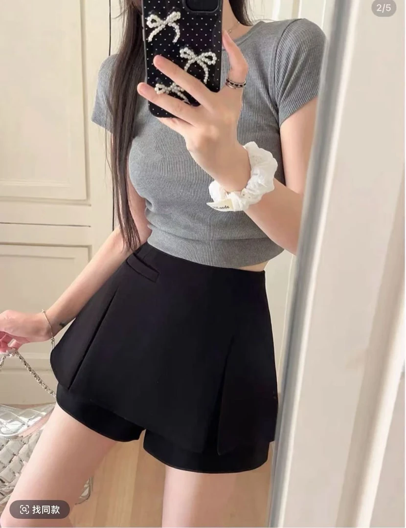 2025新款百褶西装半身裤裙女春秋款高腰小个子假两件短裤裙