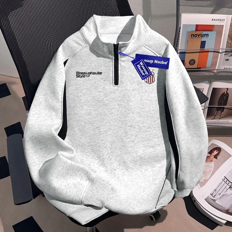 WASSUP HSUBE设计感拼接重磅立领卫衣男士潮酷高街棒球服外套冬装