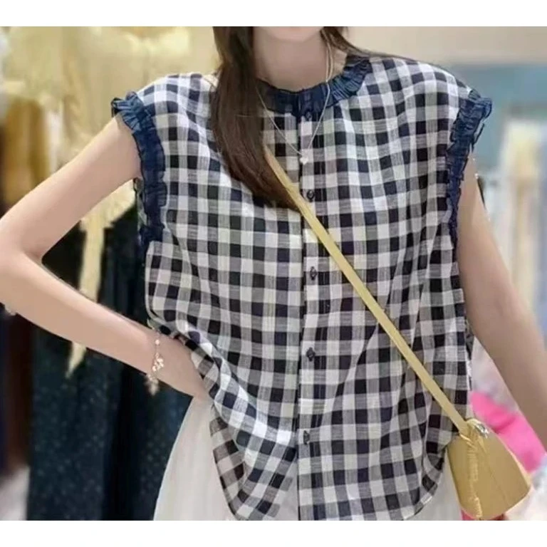 夏季新款法式风格子花边无袖显瘦时尚衬衫女设计感减龄上衣