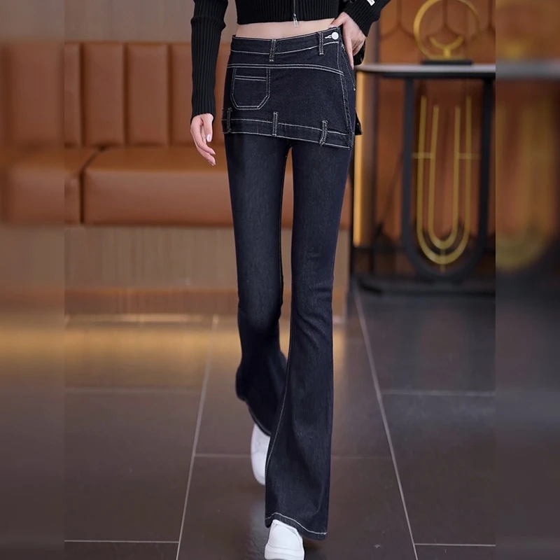 高腰美式修身弹力显瘦2025春秋新款辣妹假两件长裤微喇叭牛仔裤
