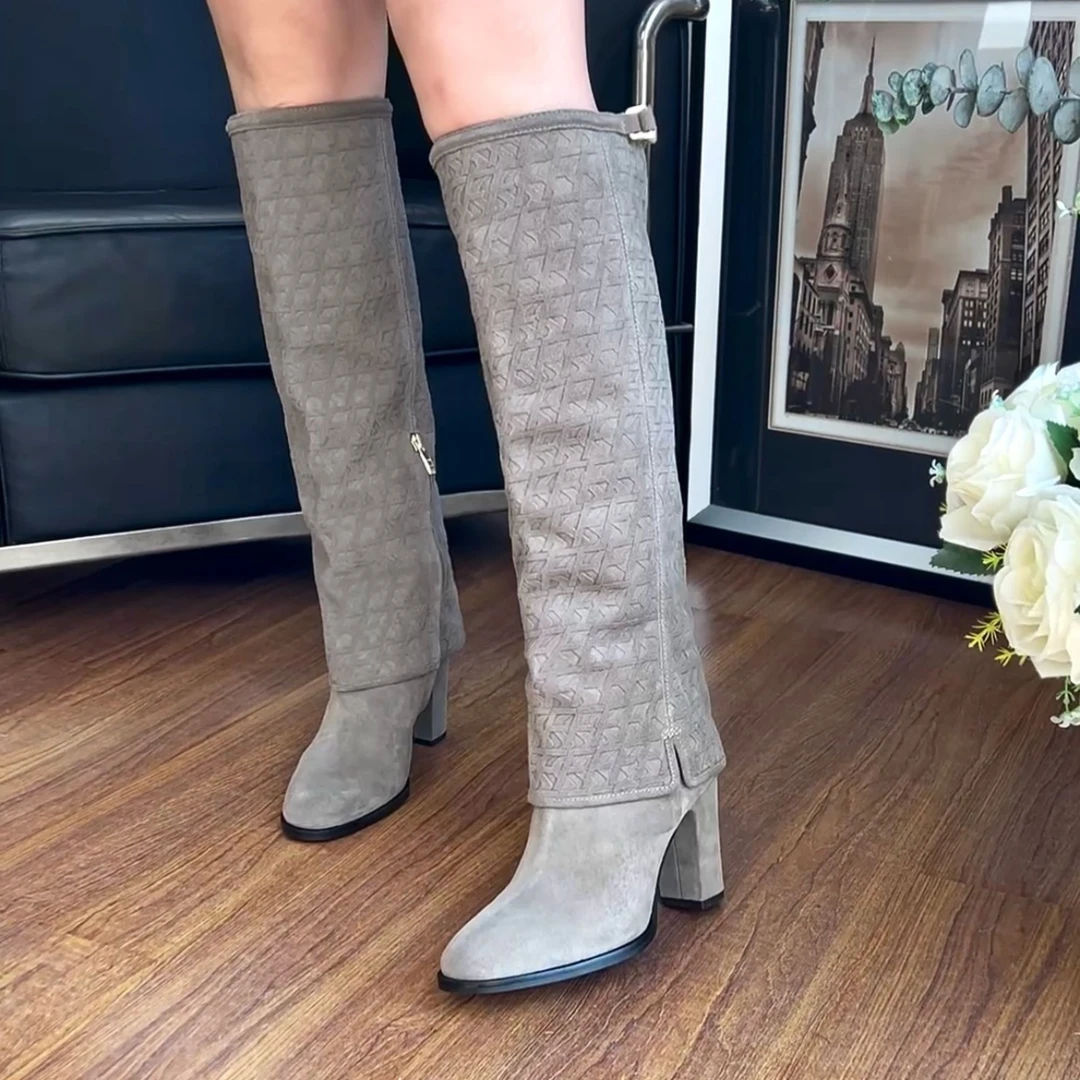 个性欧美风格时尚女士粗跟高跟骑士圆头秋冬长筒时装瘦瘦裤筒靴