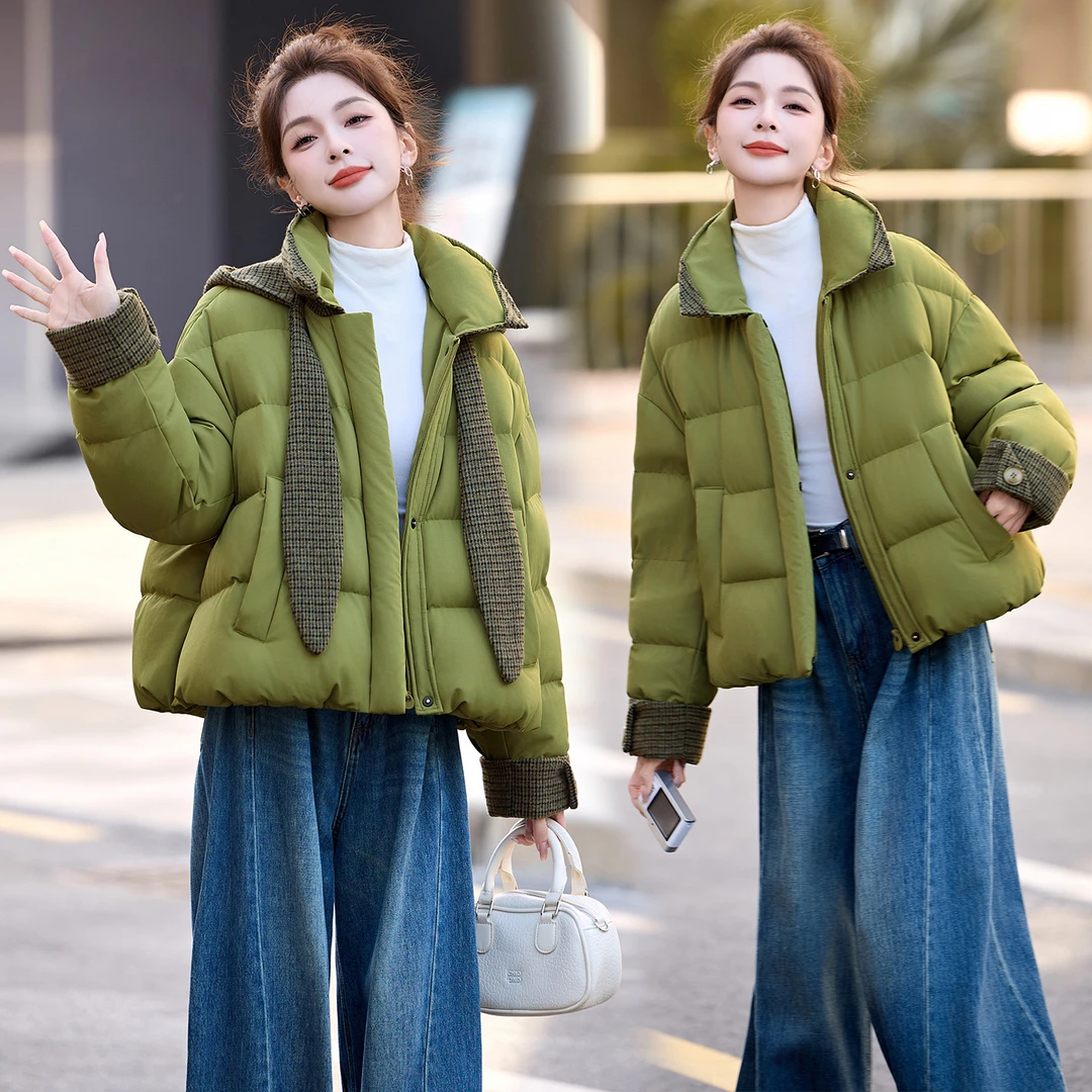 格纹拼接连帽羽绒服女2025年冬季新款设计感小个子白鸭绒短款外套