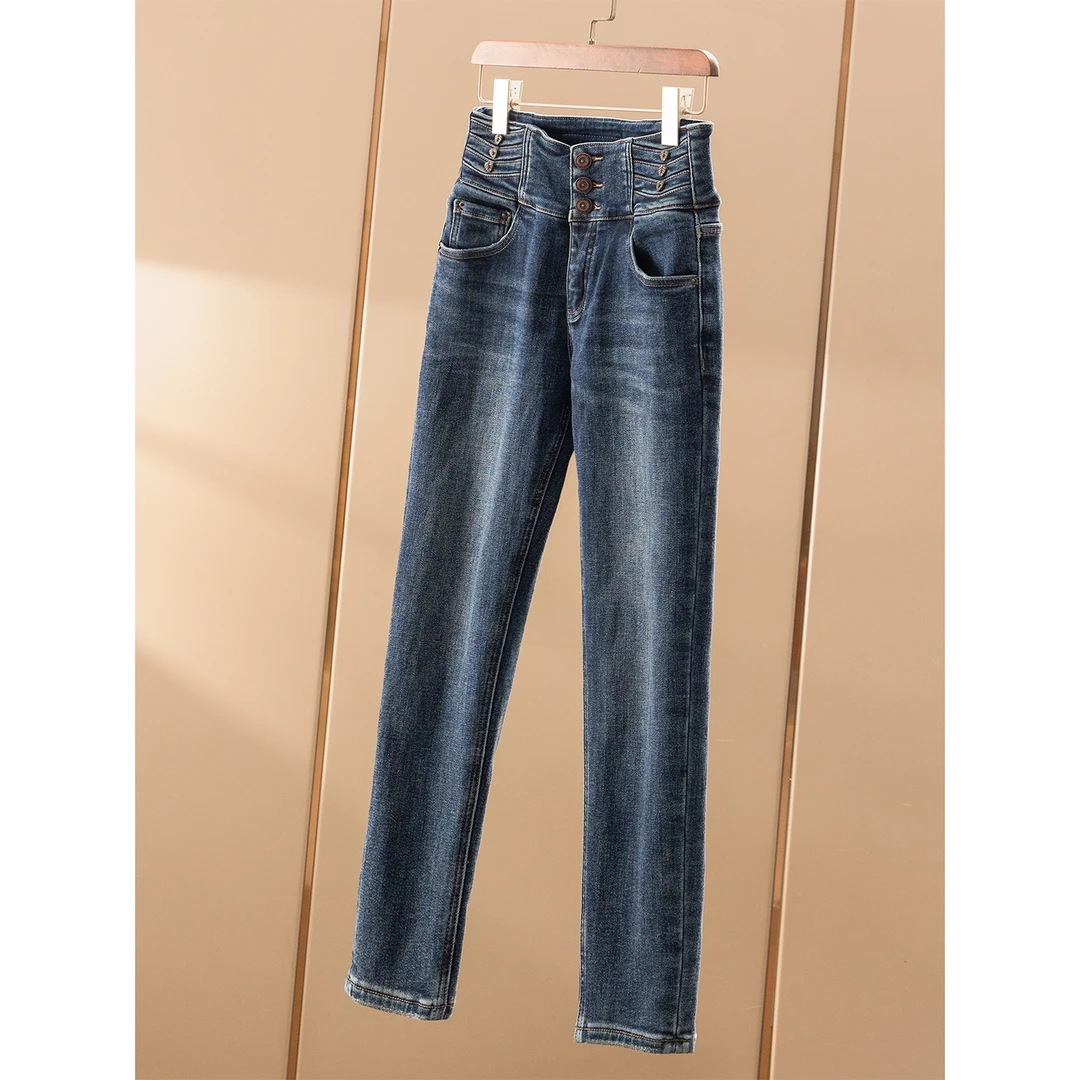 春天家 漫画腿 法G弹力3粒扣高腰磨绒锥形牛仔九分小脚裤65F4 特