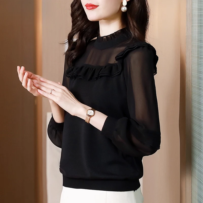 黑色蕾丝打底衫女内搭2025秋季新款高级感长袖雪纺衫洋气小衫上衣