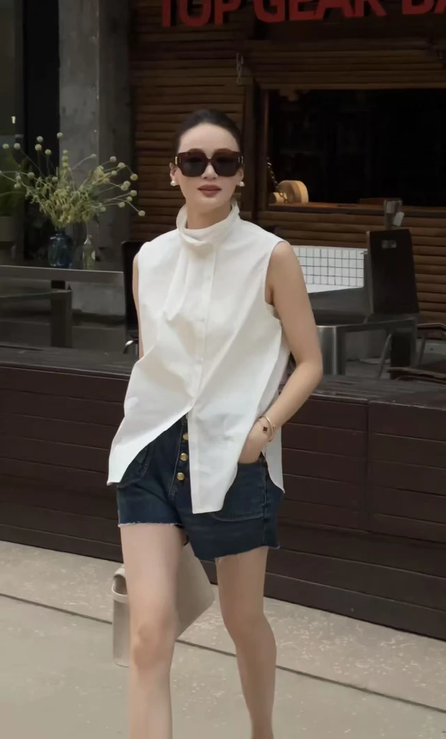 L'U'R/YI'YAO【月牙湾下的眼泪】法式时尚设计简约立领无袖衬衫9824