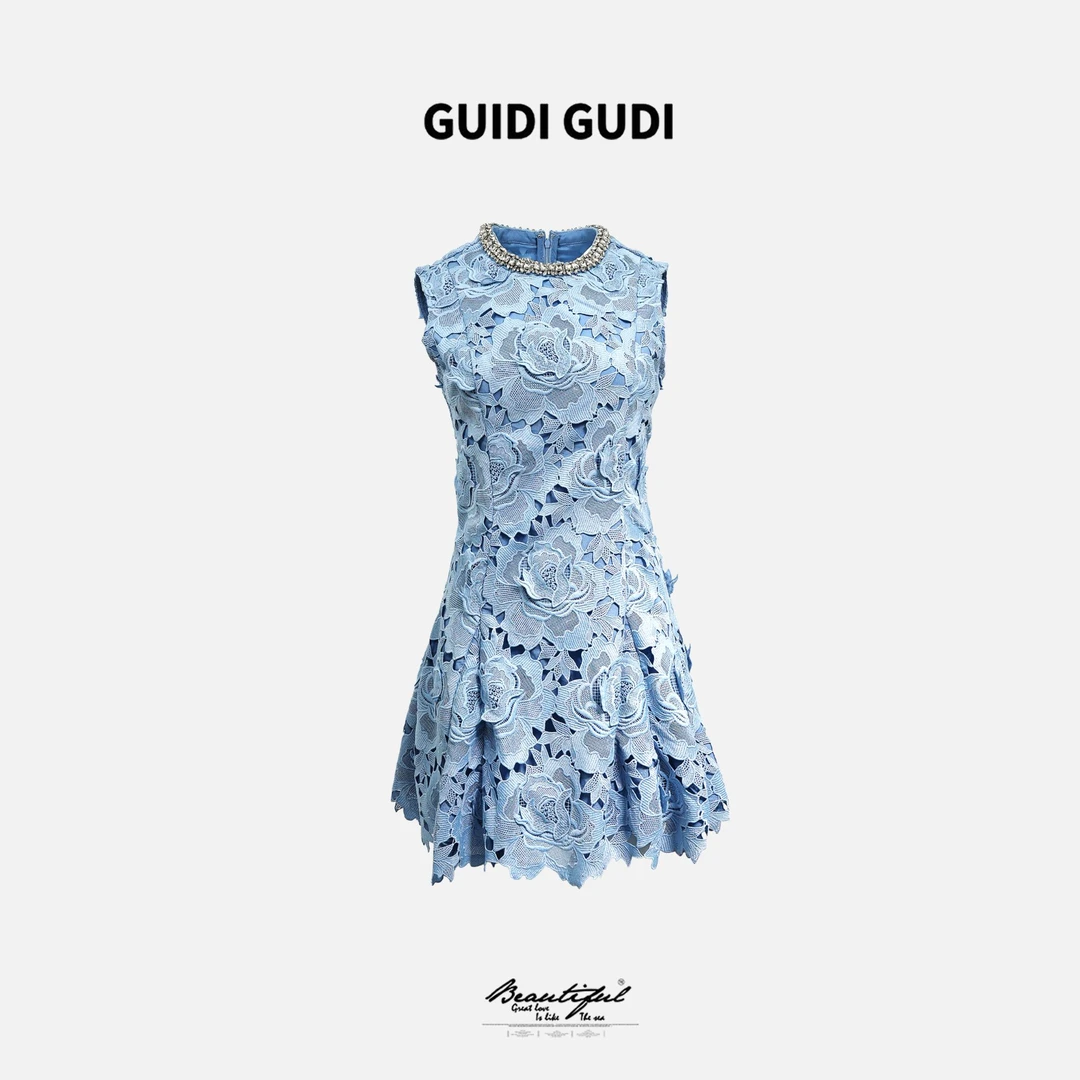 GUIDI GUDI【遇见】黄加蓝重工设计闪闪蕾丝花朵连衣裙 L9510952H