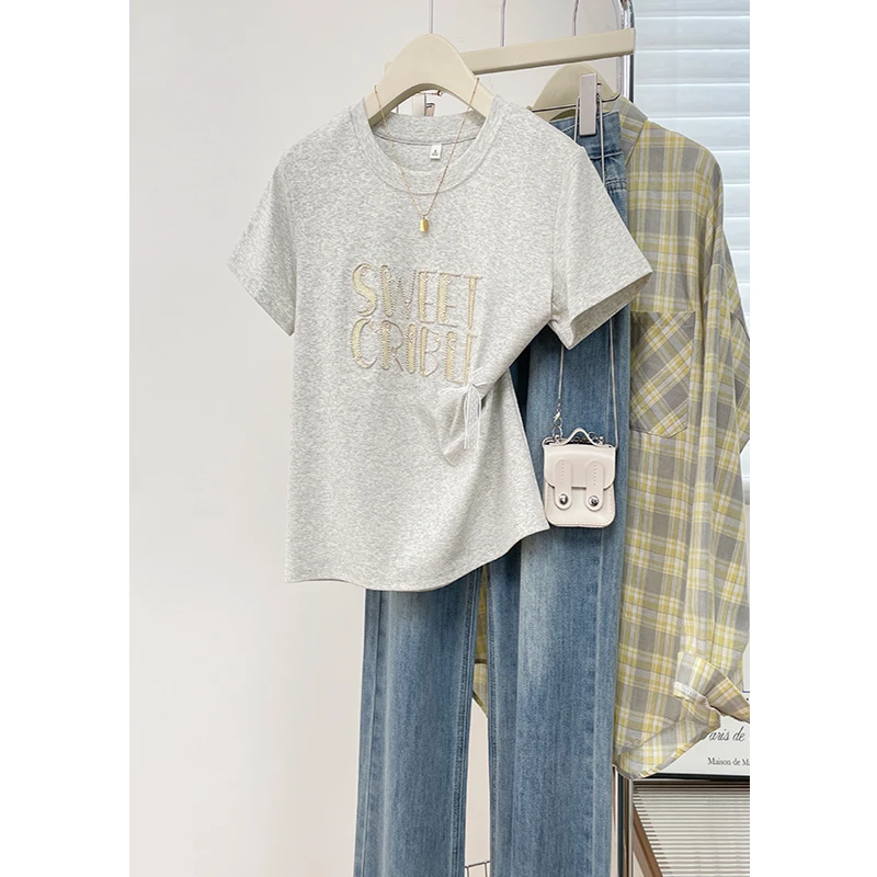 夏季爆款字母刺绣短袖T恤宽松百搭通勤显瘦女装蝴蝶结小众上衣服