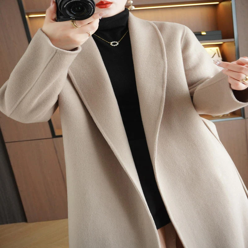 2025秋冬新款双面呢羊毛大衣女款中长版系带宽松羊毛呢外套女