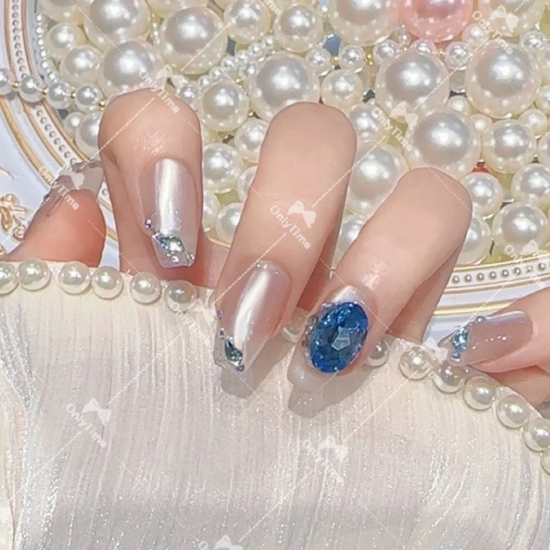 【鲛人泪】爆闪蓝钻微笑猫眼穿戴甲日常显白美甲可拆卸甲片