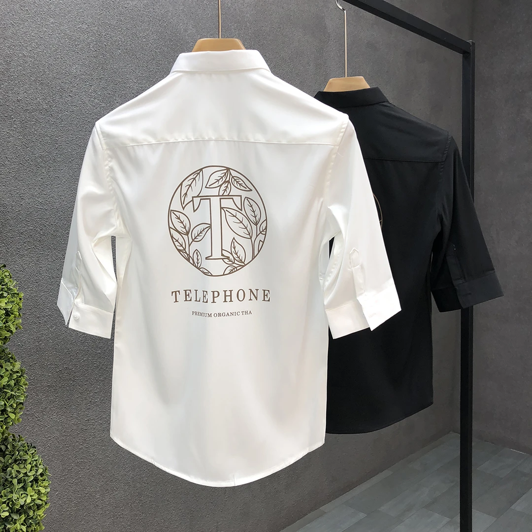 梦泡官方正品夏季新款时尚印花短袖衬衫男透气修身百搭五分袖上衣