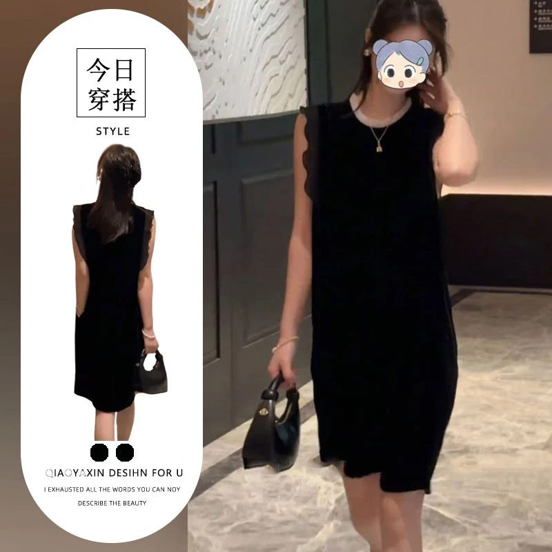 赫本风气质名媛撞色网纱连衣裙女装2025夏季休闲百搭黑色短裙