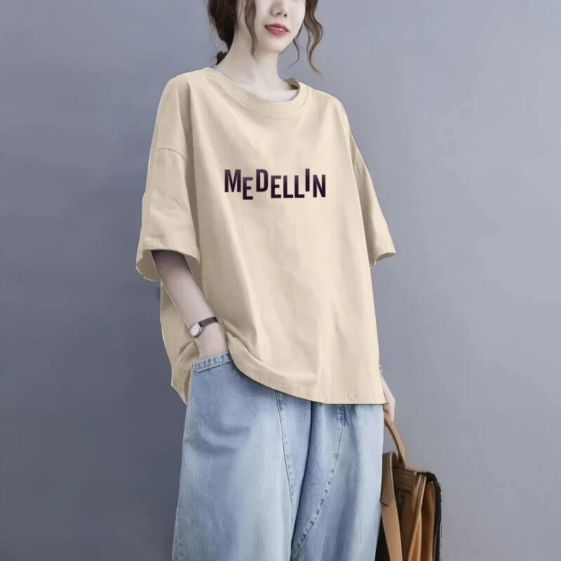 【米林鸟】抗起球短袖圆领印花字母吸汗T恤女复古ins显瘦大码设计感