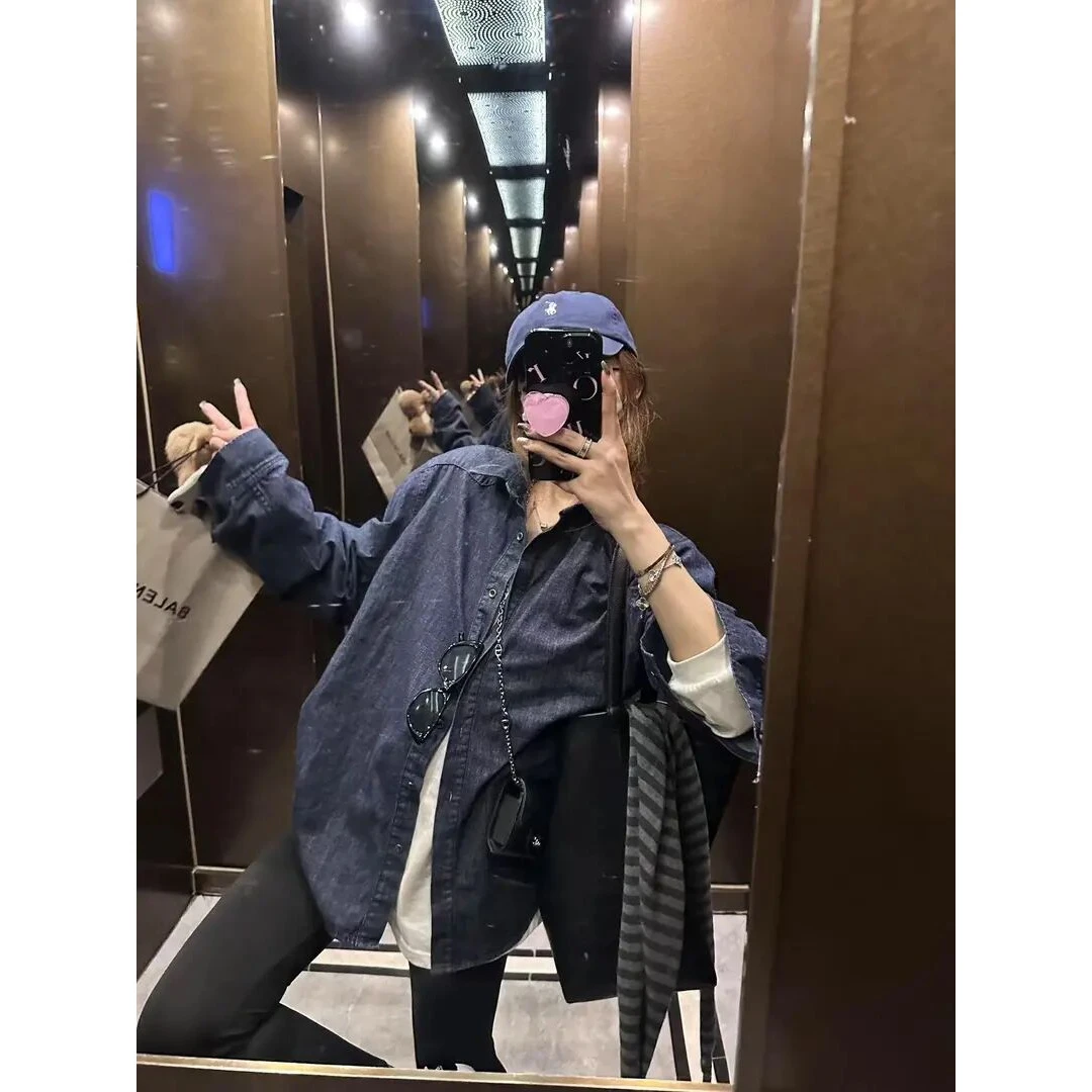 韩系穿搭套装女2025早春季牛仔气质衬衫灰色短袖T恤黑色紧身裤子