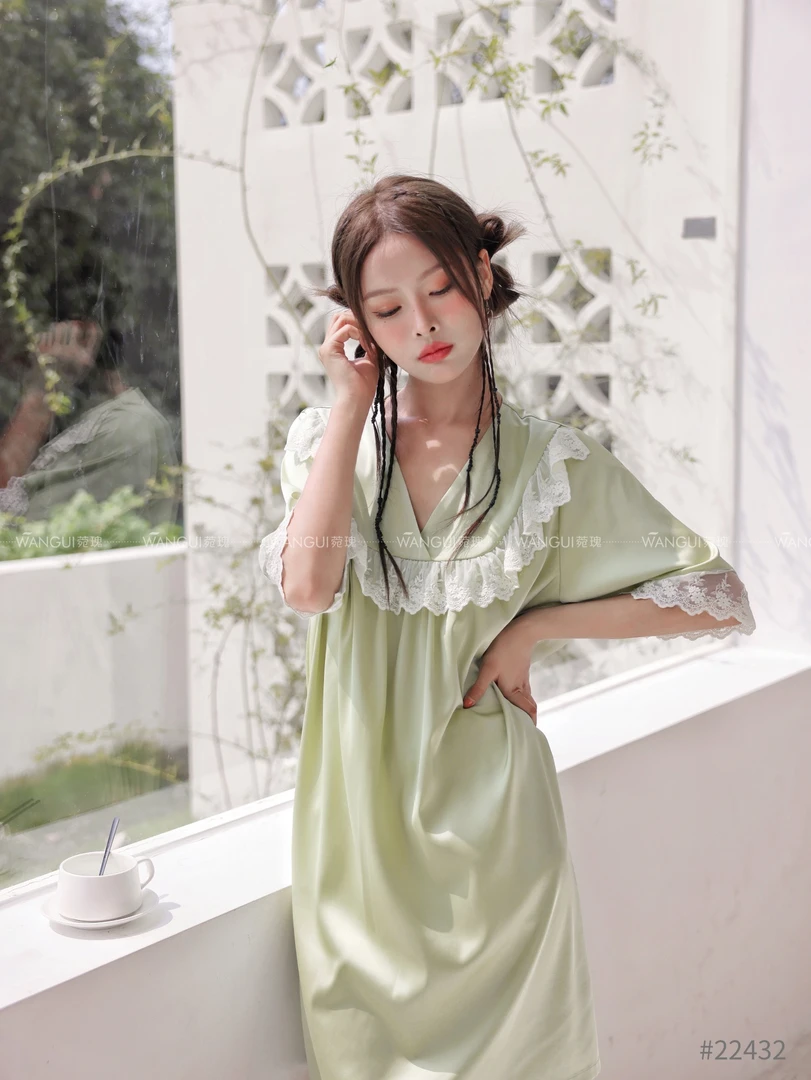 WG睡衣女仿真丝冰雪丝丝绸纯欲风衬衫短袖睡裙性感高级感家居服