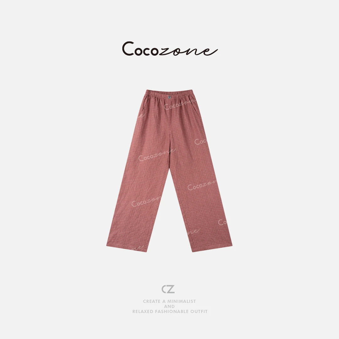 COCO ZONE 刘一一 【100亚麻】格纹通勤松紧腰休闲裤CD1A0615