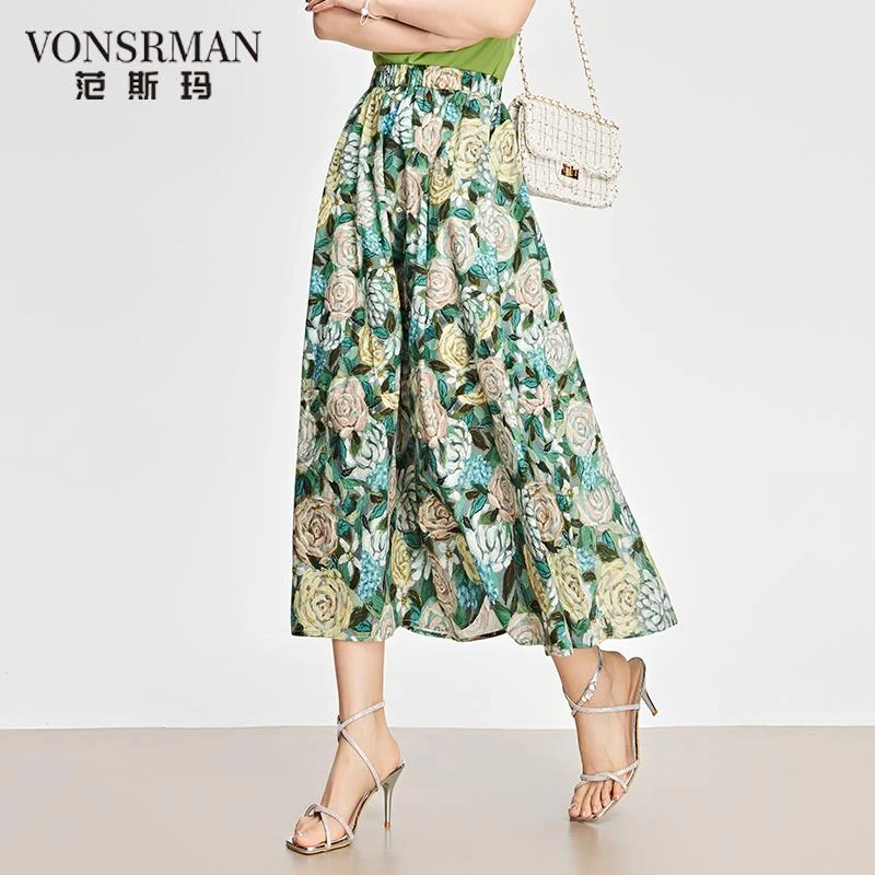 绿色油画风碎花裙中长款印花半身裙女夏2025新款松紧腰a字裙薄款a