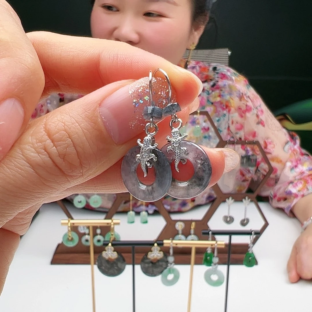 翡翠耳饰银S925镶嵌天然翡翠耳饰银s925镶嵌