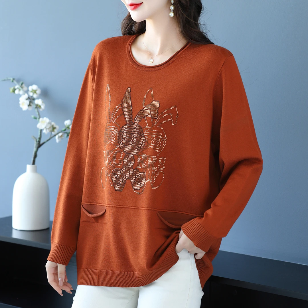 烫钻打底上衣女秋冬大码遮肚子针织衫2025新款中老年妈妈洋气毛衣