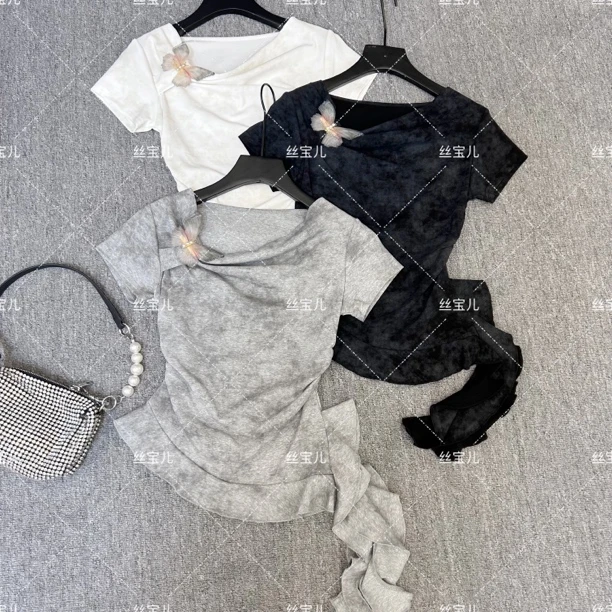 2025新款美式不规则辣妹短袖t恤女修身显瘦荷叶下摆洋气扎染上衣