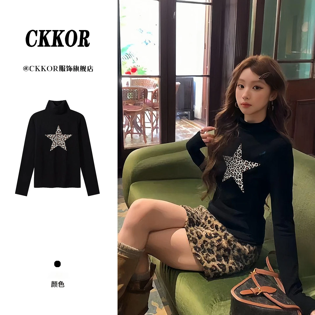 CKKOR秋冬磨毛德绒半高领打底衫女内搭辣妹性感时尚印花修身上衣